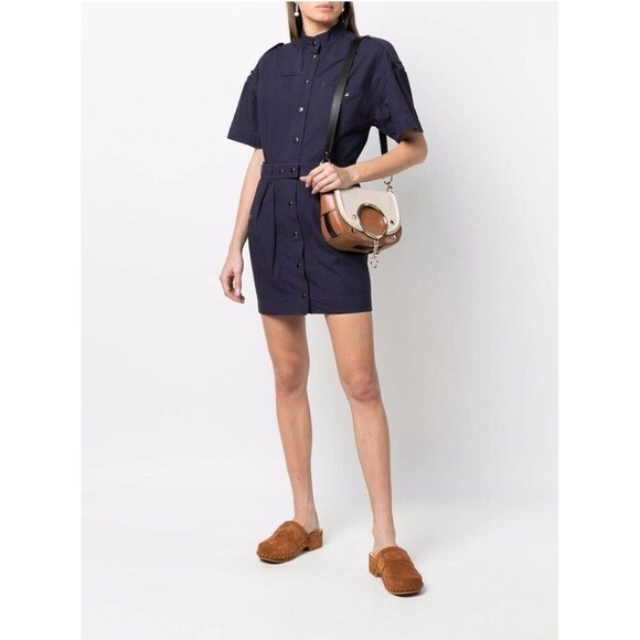 Isabel Marant Etoile Rodwell Mini Dress Faded Night Belted Waist High Neck FR 34 - Picture 2 of 11